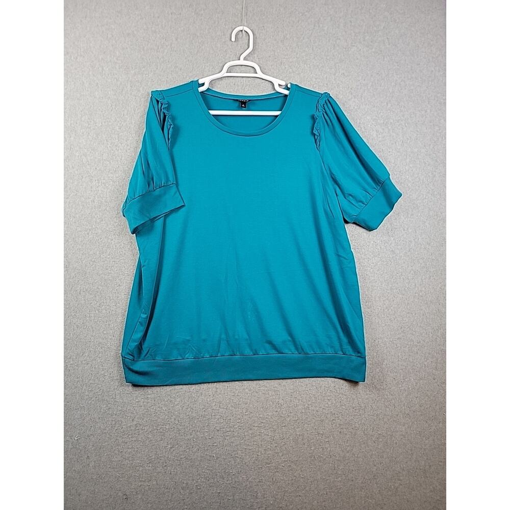 Torrid Turquoise SS Lace Trim Round Neck Banded Blouse Women's Plus 3X Stretch